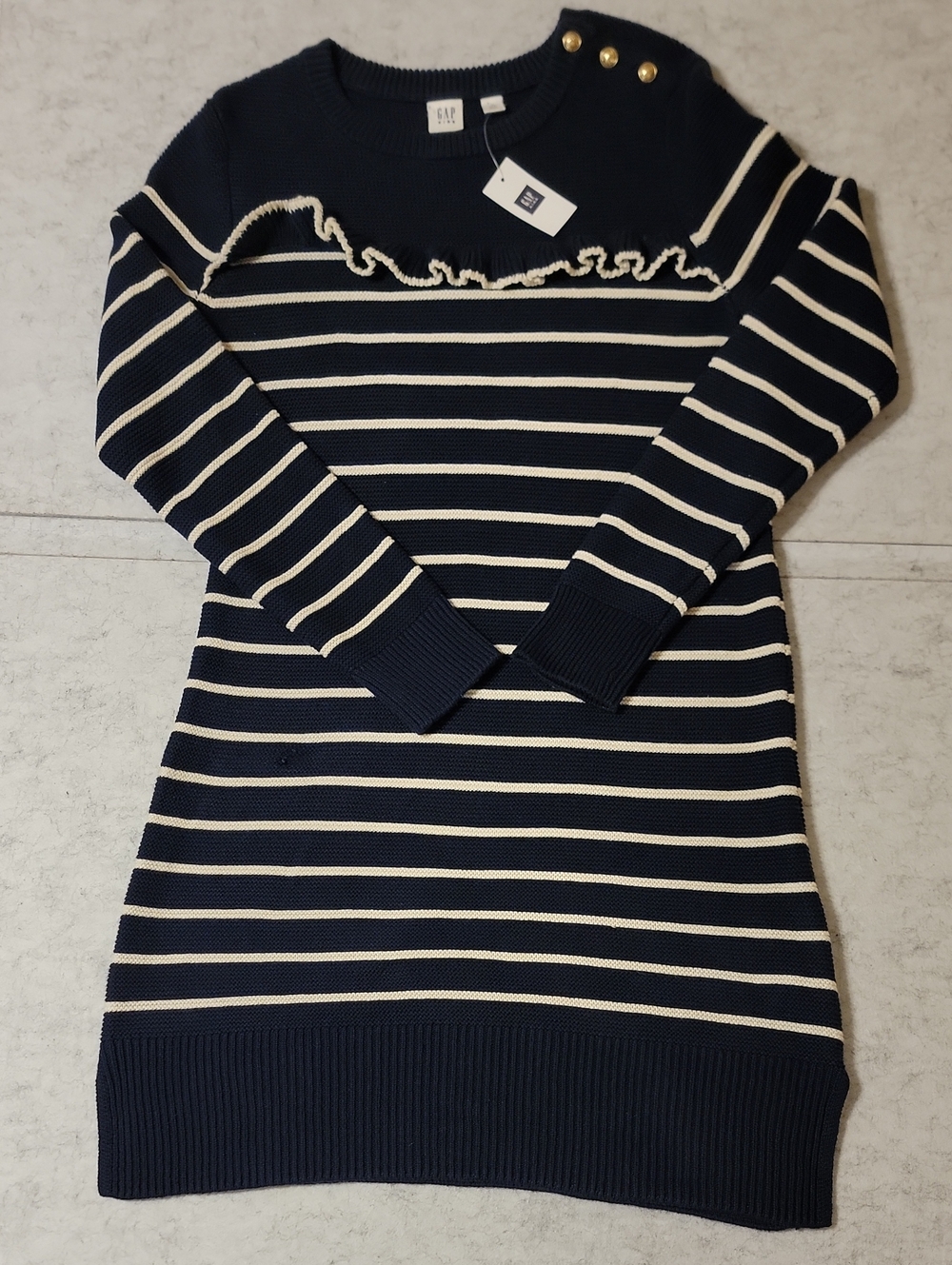 NWT Gap Kids Girls Nautical Stripe Ruffle Sweater Dress Navy Blue L 10